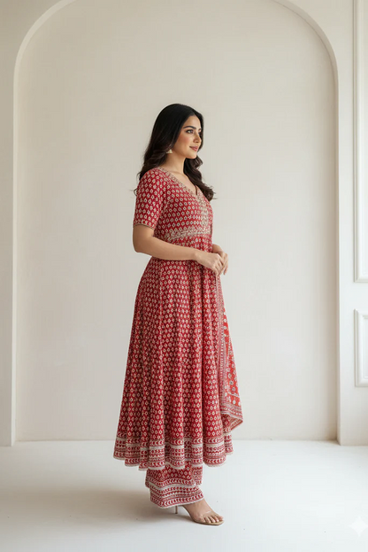 Red Bandhani Celeb Inspired Embroidered Anarkali Palazzo Set