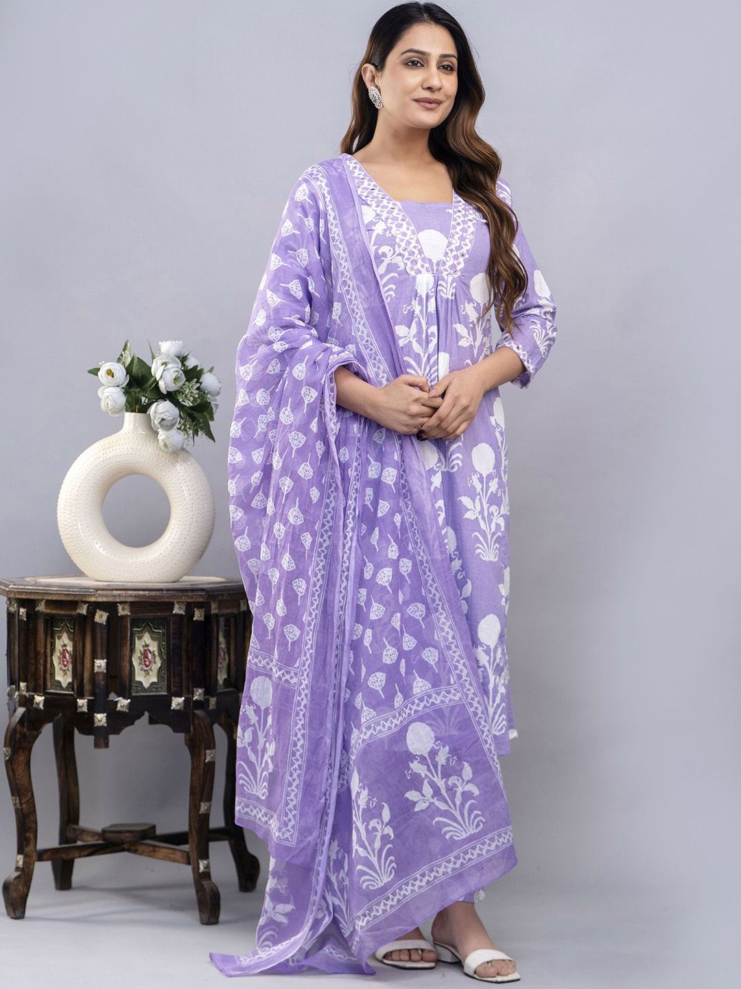 Summer Cotton Purple Flared Block Print Dress