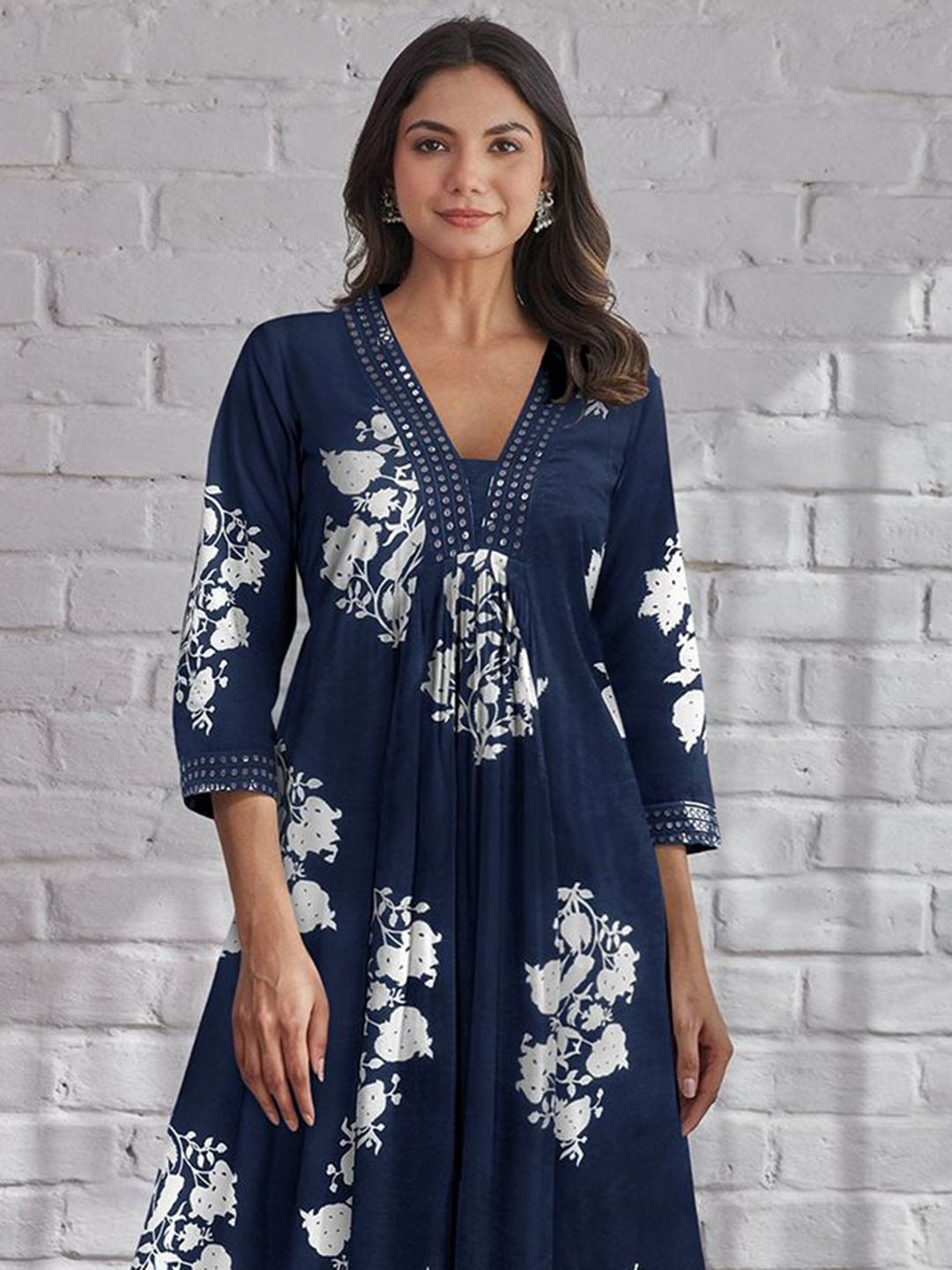 Block Print Navy Blue Flared Dress with Lacework