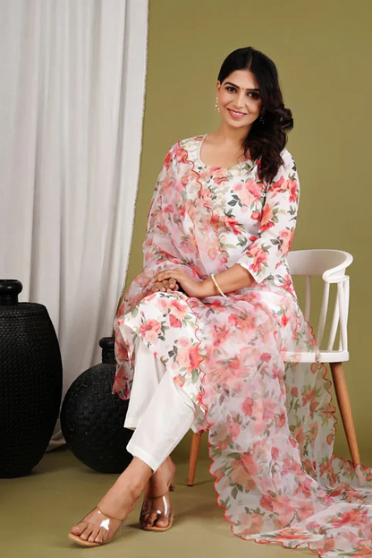 Embroidered Floral Organza White Suit Set