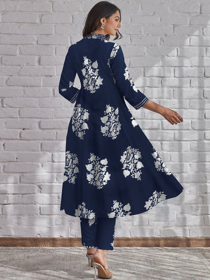 Block Print Navy Blue Flared Dress with Lacework