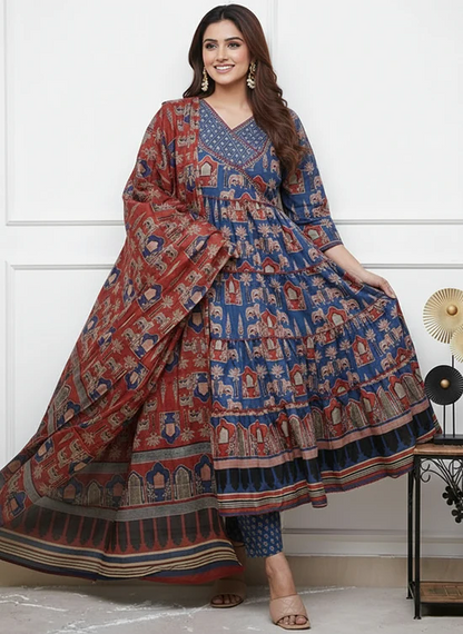 Ajrakh Print Anarkali Set with Sequence Handwork