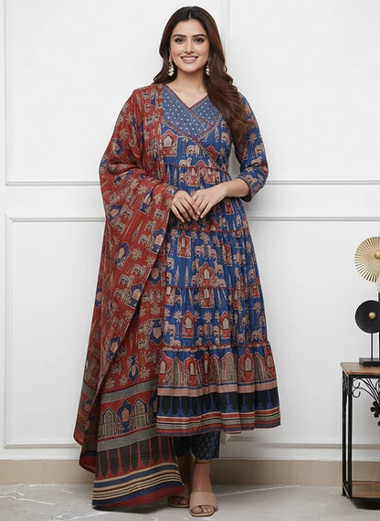Ajrakh Print Anarkali Set with Sequence Handwork