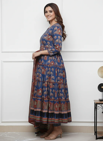 Ajrakh Print Anarkali Set with Sequence Handwork