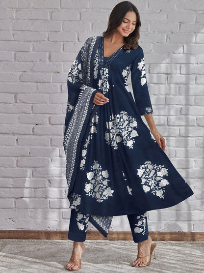 Block Print Navy Blue Flared Dress with Lacework