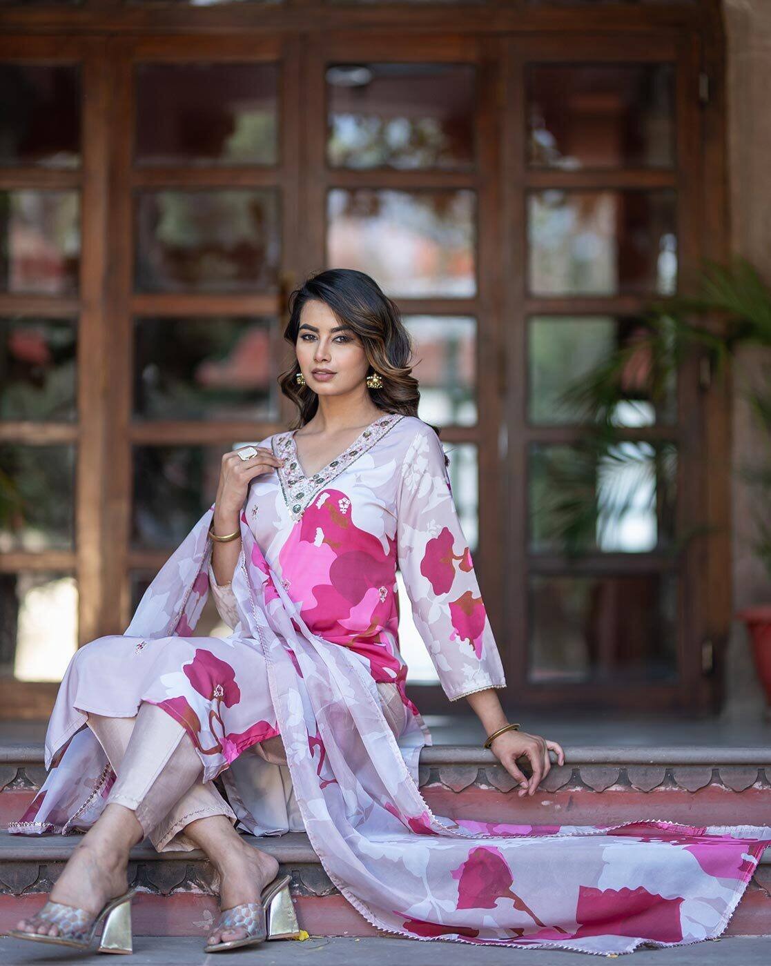 Shimmer Soft Muslin Crepe Three Piece Festive Dress