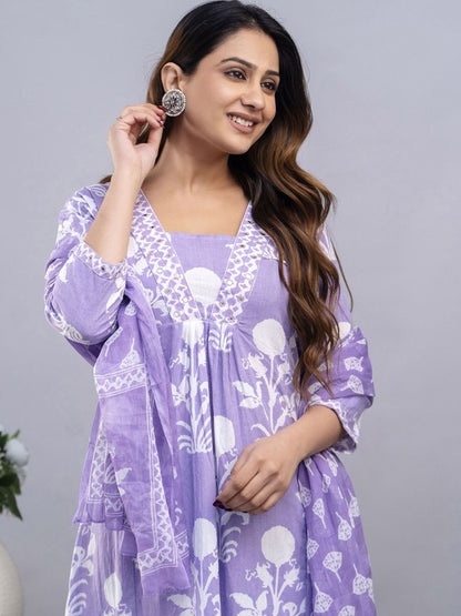 Summer Cotton Purple Flared Block Print Dress