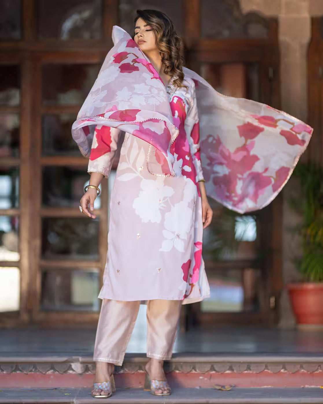 Shimmer Soft Muslin Crepe Three Piece Festive Dress