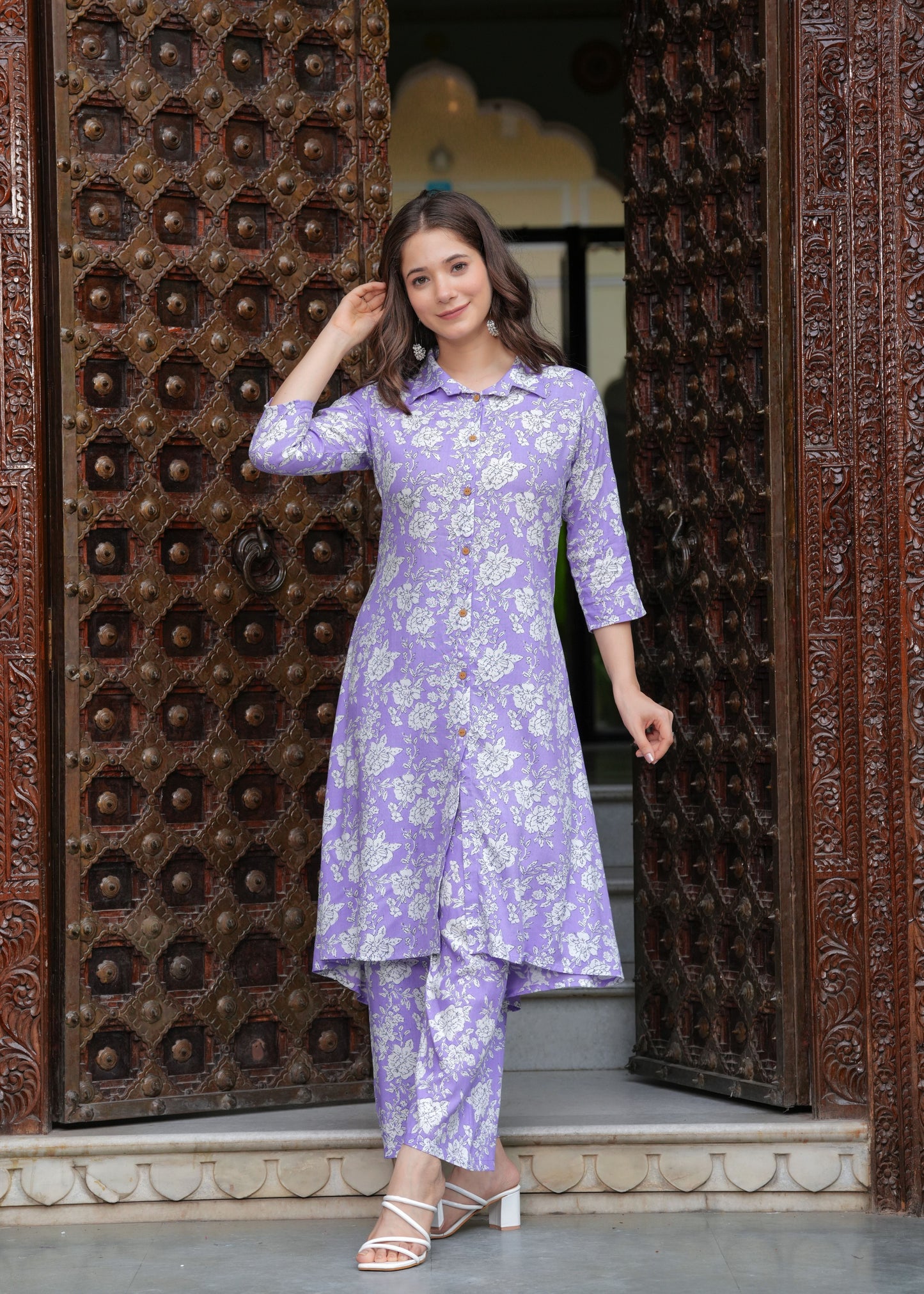 Princess Cut Flared Purple Floral Kurta Set