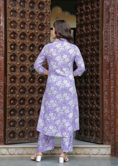 Princess Cut Flared Purple Floral Kurta Set