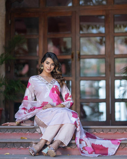 Shimmer Soft Muslin Crepe Three Piece Festive Dress