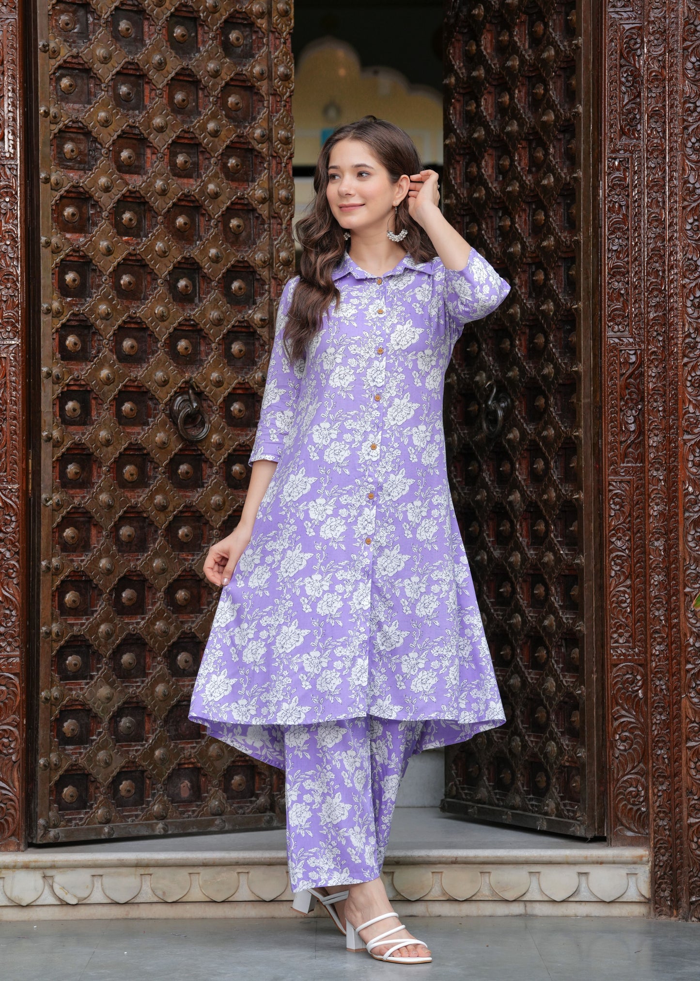 Princess Cut Flared Purple Floral Kurta Set