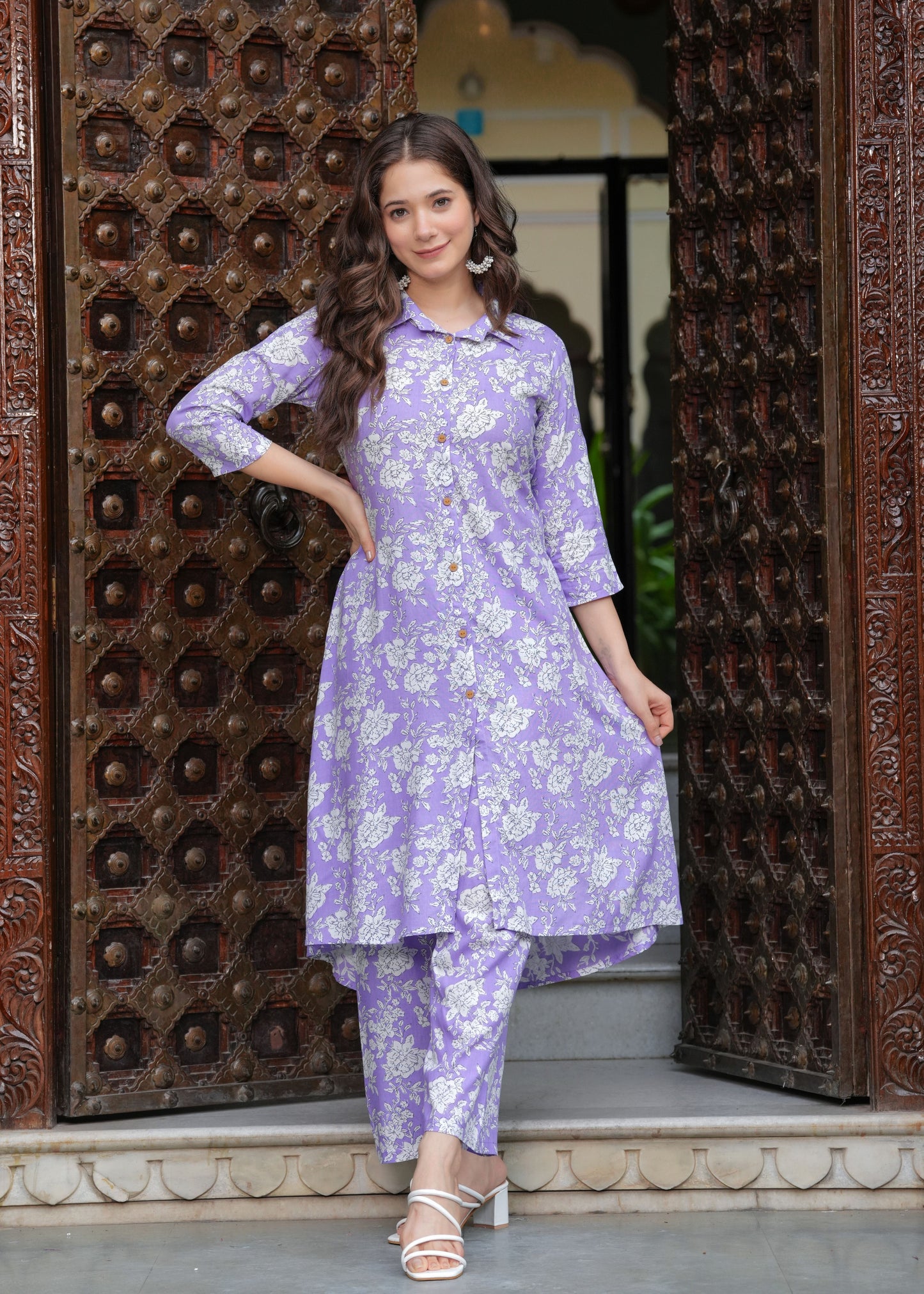 Princess Cut Flared Purple Floral Kurta Set