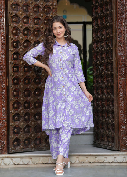 Princess Cut Flared Purple Floral Kurta Set