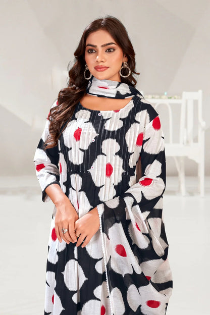 Cotton Printed Floral Three Piece Black Salwar Set