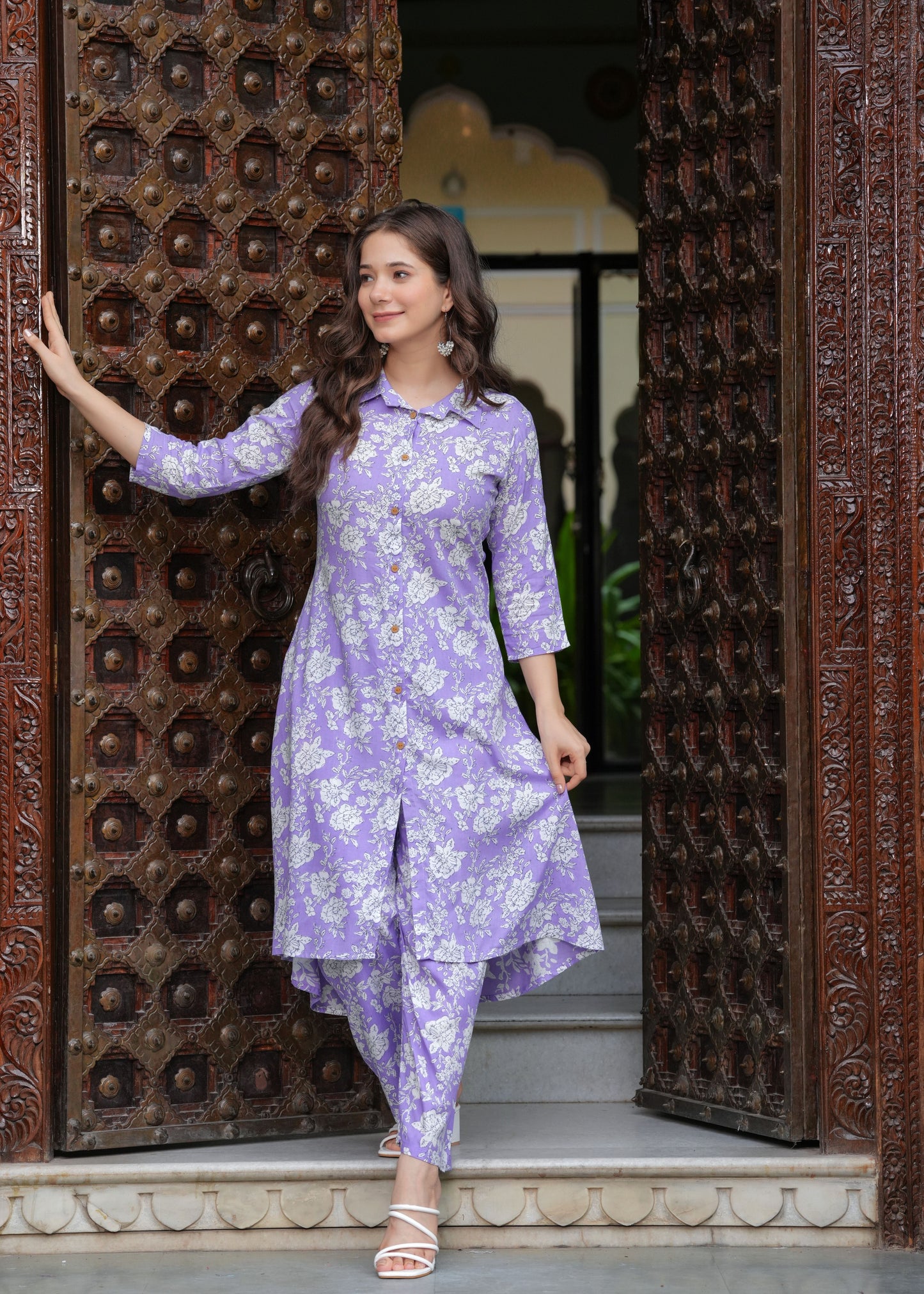 Princess Cut Flared Purple Floral Kurta Set
