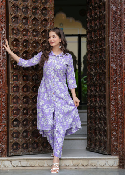 Princess Cut Flared Purple Floral Kurta Set