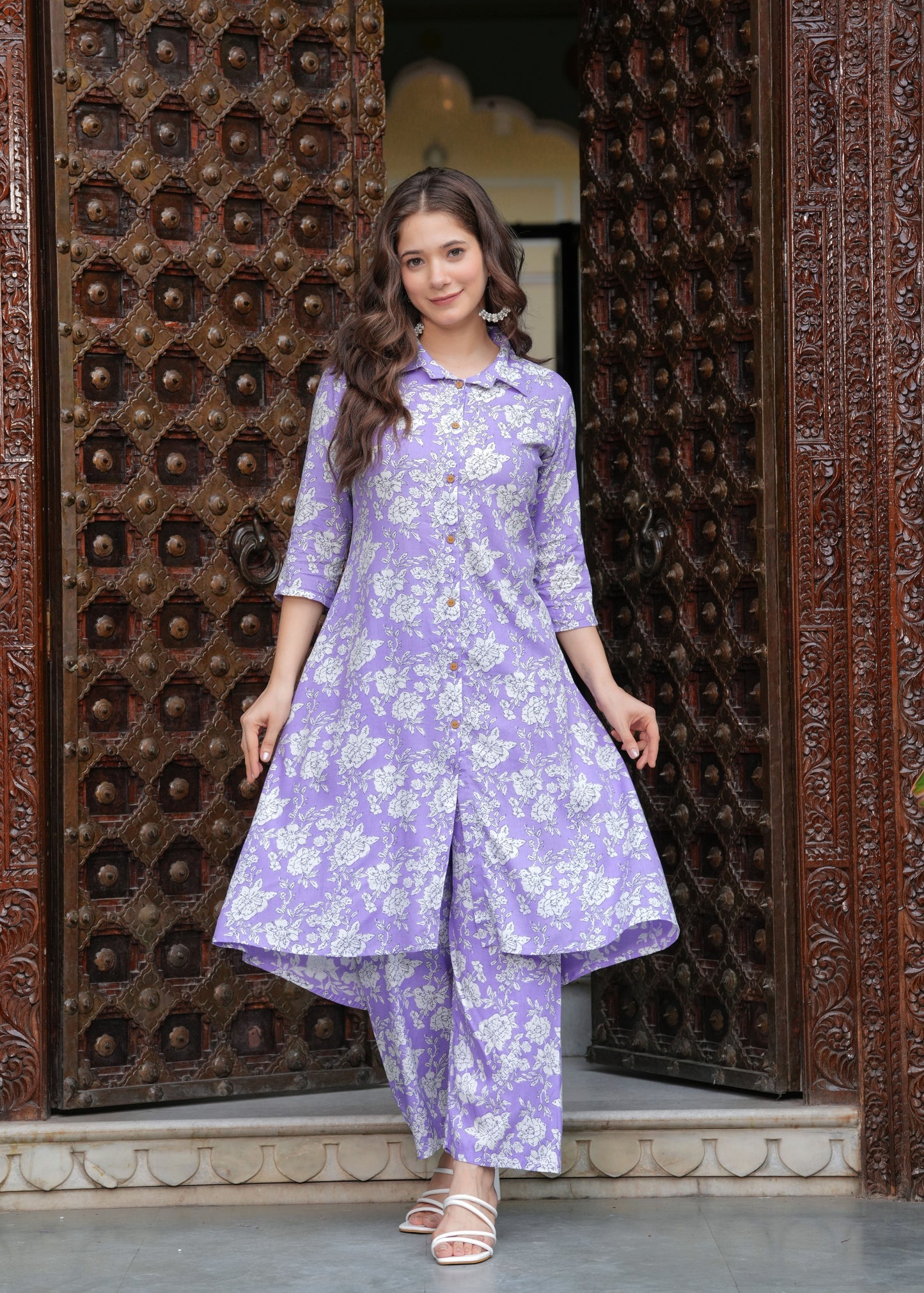 Princess Cut Flared Purple Floral Kurta Set