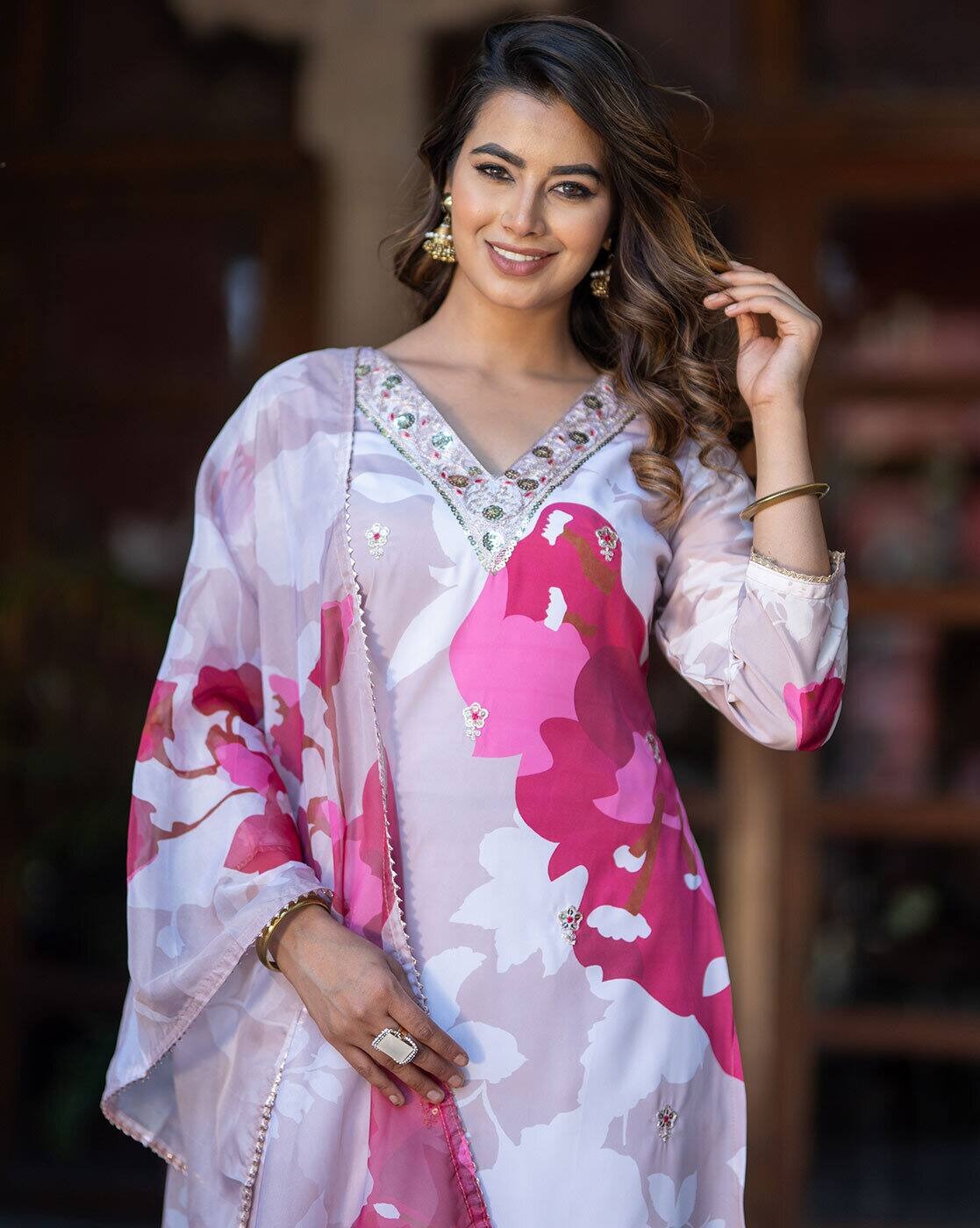 Shimmer Soft Muslin Crepe Three Piece Festive Dress