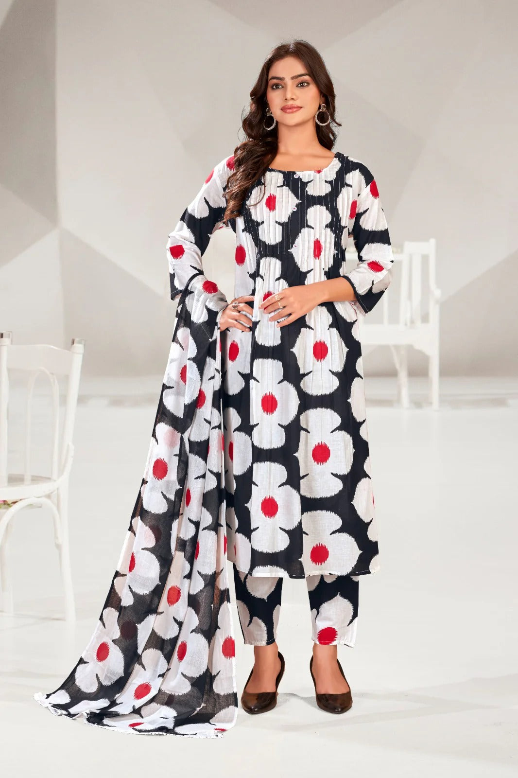 Cotton Printed Floral Three Piece Black Salwar Set