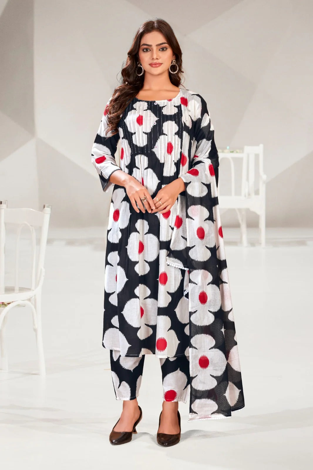 Cotton Printed Floral Three Piece Black Salwar Set