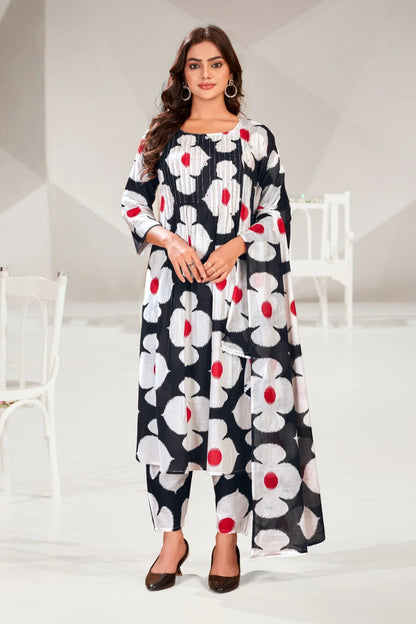 Cotton Printed Floral Three Piece Black Salwar Set