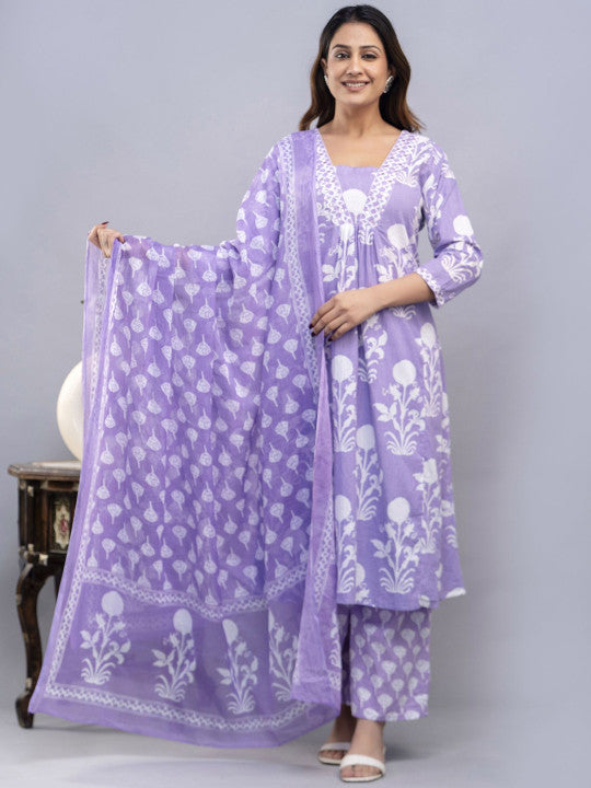 Summer Cotton Purple Flared Block Print Dress