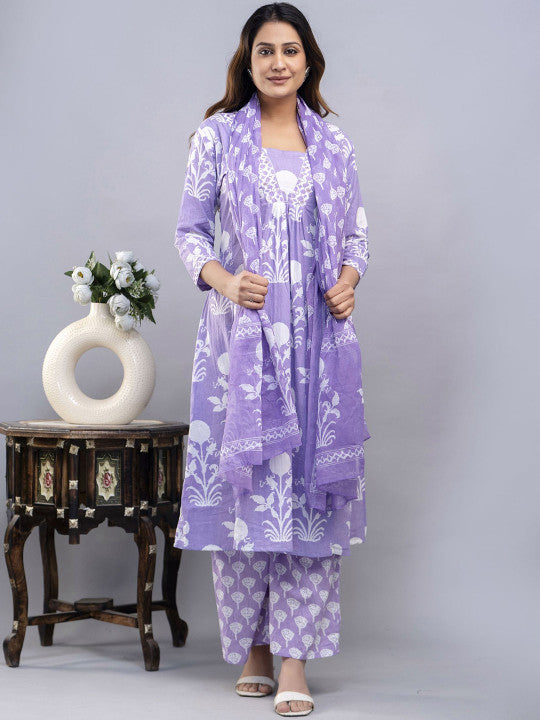 Summer Cotton Purple Flared Block Print Dress