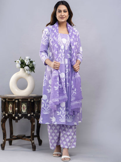 Summer Cotton Purple Flared Block Print Dress