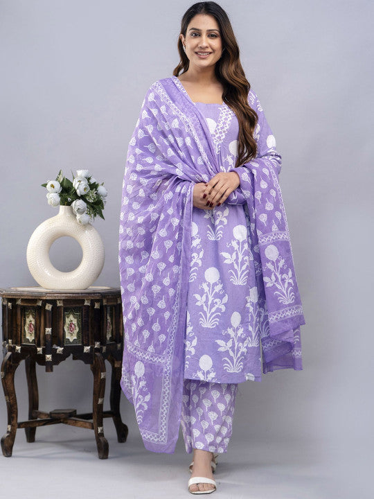 Summer Cotton Purple Flared Block Print Dress