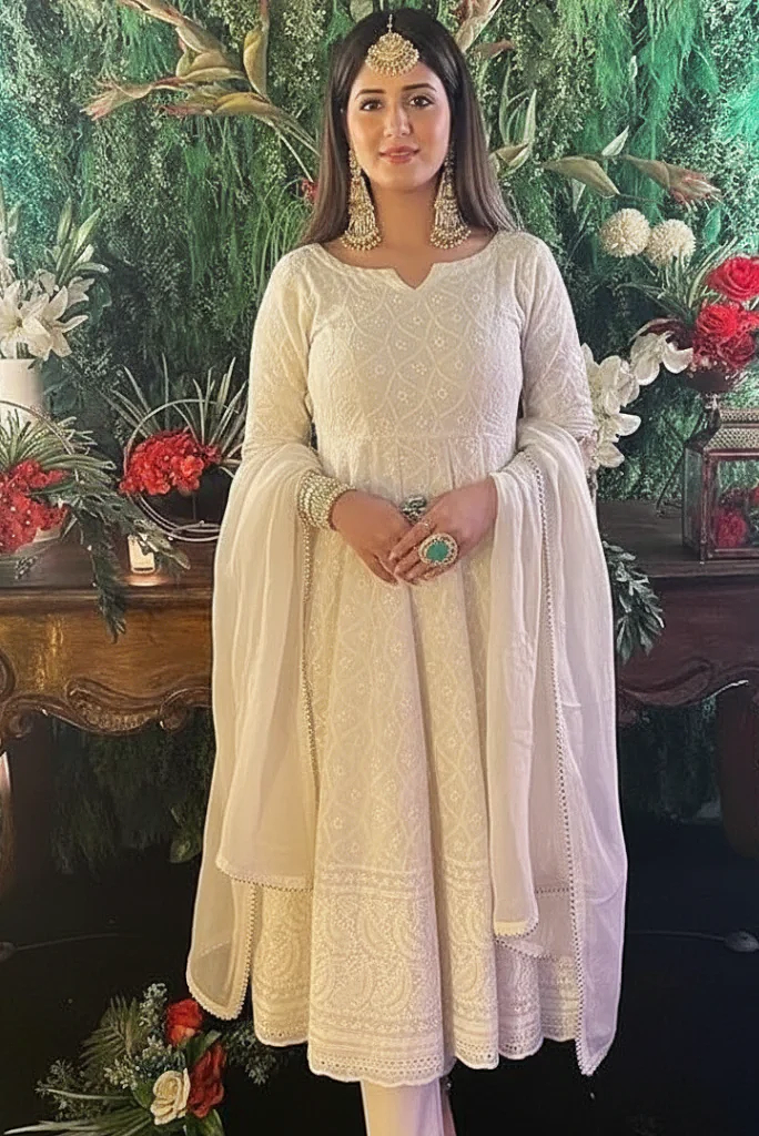 Sequence Embossed Chikankari Beige Anarkali Set