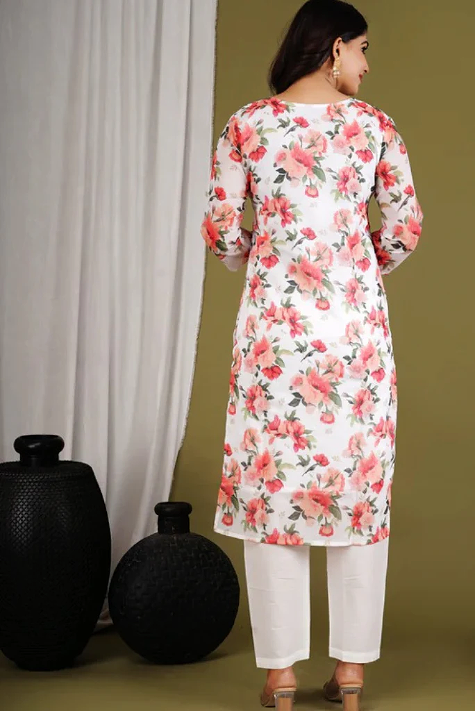 Embroidered Floral Organza White Suit Set