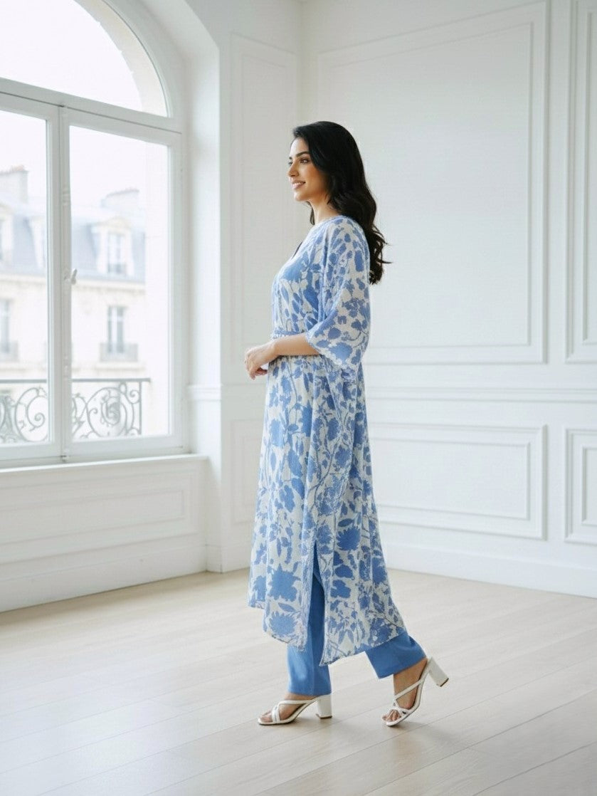 Blue Floral Print Kaftan Set with Belt and Straight Pants