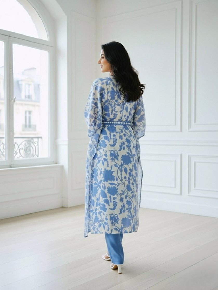 Blue Floral Print Kaftan Set with Belt and Straight Pants