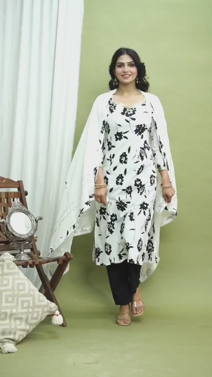 Floral White Cotton Three Piece Suit Set