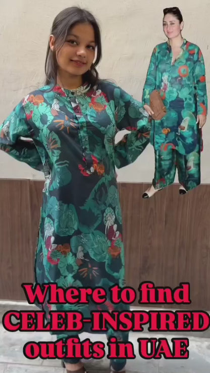 Animal and Floral Print Crepe Blue Kurta Set