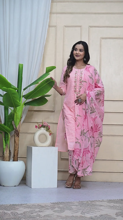 Schiffli Mul Cotton Peach Pink Three Piece Dress