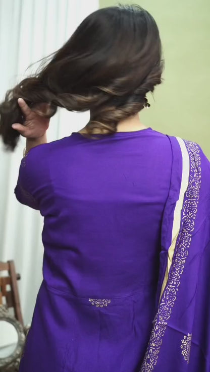 Festive Foil Print Purple Anarkali Three Piece Set