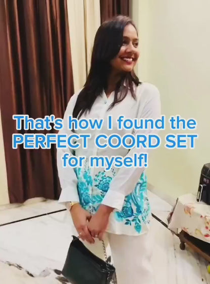 Natural Pure Crepe Placement Print White Coord Set