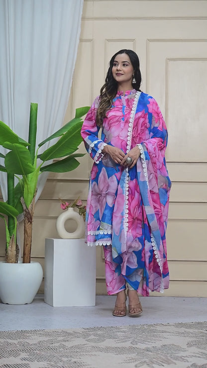 Multicolour Floral Cotton Suit with Lacework & Georgette Dupatta