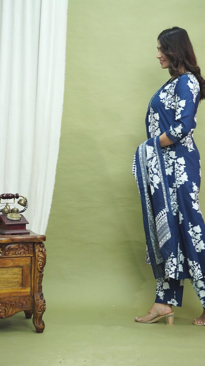 Block Print Navy Blue Flared Dress with Lacework