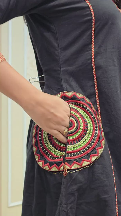 Exquisite Mandala Art Embroidered Black Flared Dress