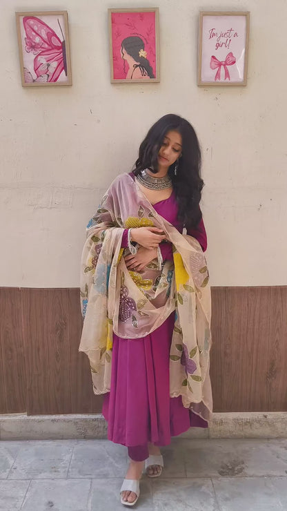Moksha Silk Plum Anarkali Set with Handpainted Dupatta
