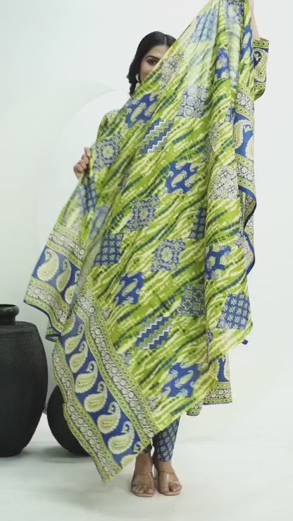 Green Cotton Angarakha Patchwork Anarkali Set