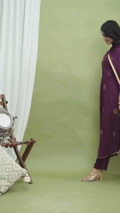 Festive Foil Print Plum Anarkali Three Piece Set