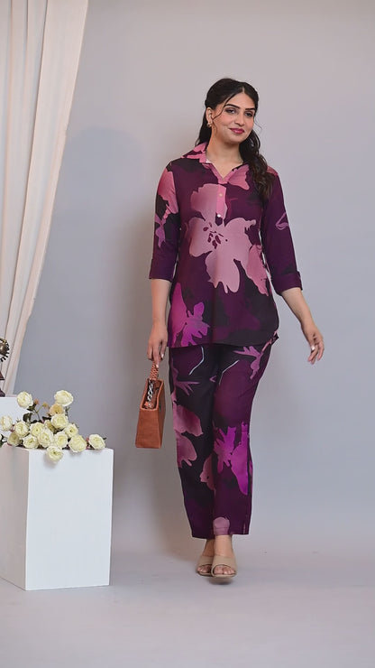 Women Officewear Printed Floral Purple Coord Set