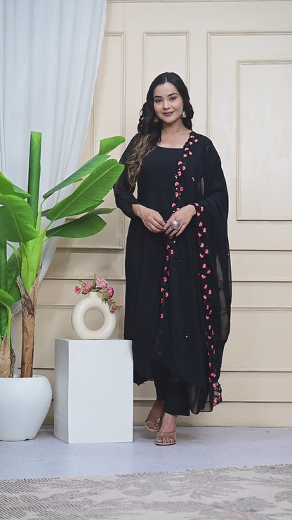 Black Georgette Anarkali Set with Embroidered Shawl
