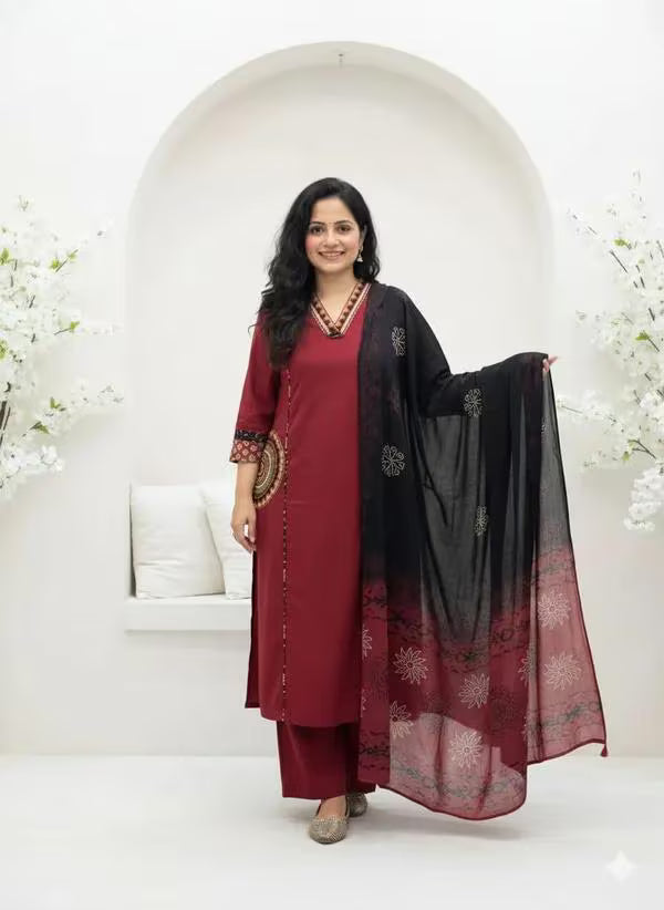 Mandala Tribal Embroidery Maroon 3 Piece Kurti Palazzo with Dupatta Set