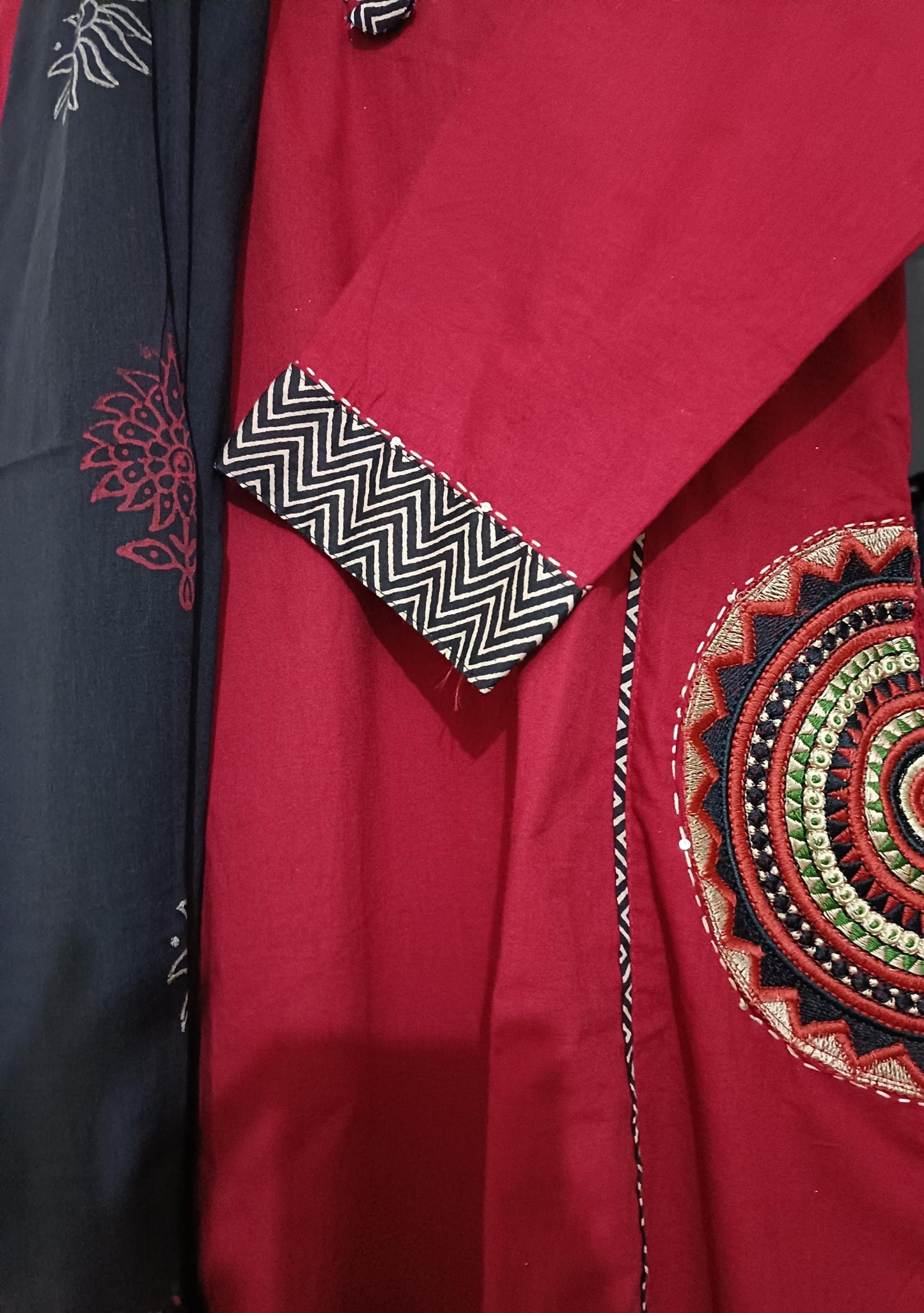 Mandala Tribal Embroidery Maroon 3 Piece Kurti Palazzo with Dupatta Set
