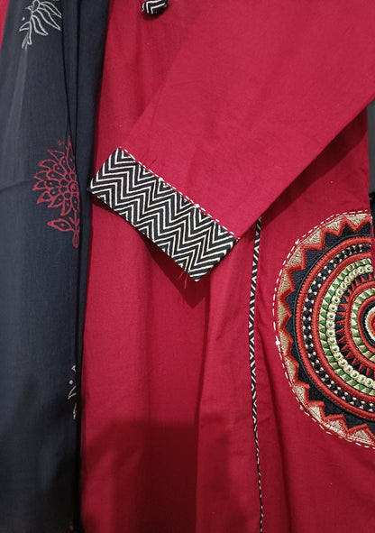 Mandala Tribal Embroidery Maroon 3 Piece Kurti Palazzo with Dupatta Set